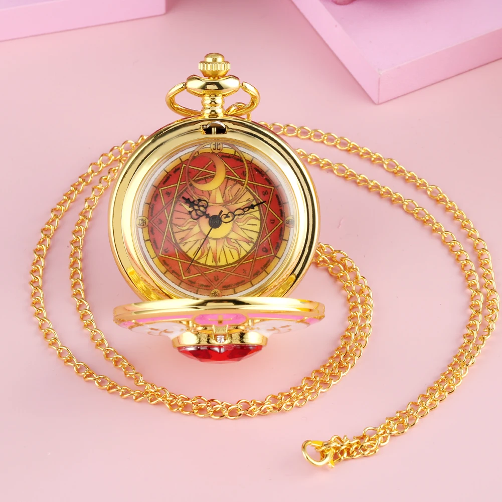 Double sided Patterned Case Pocket Watch for Girls Necklace Fob Clock Female Accessory Delicate Red Star 2