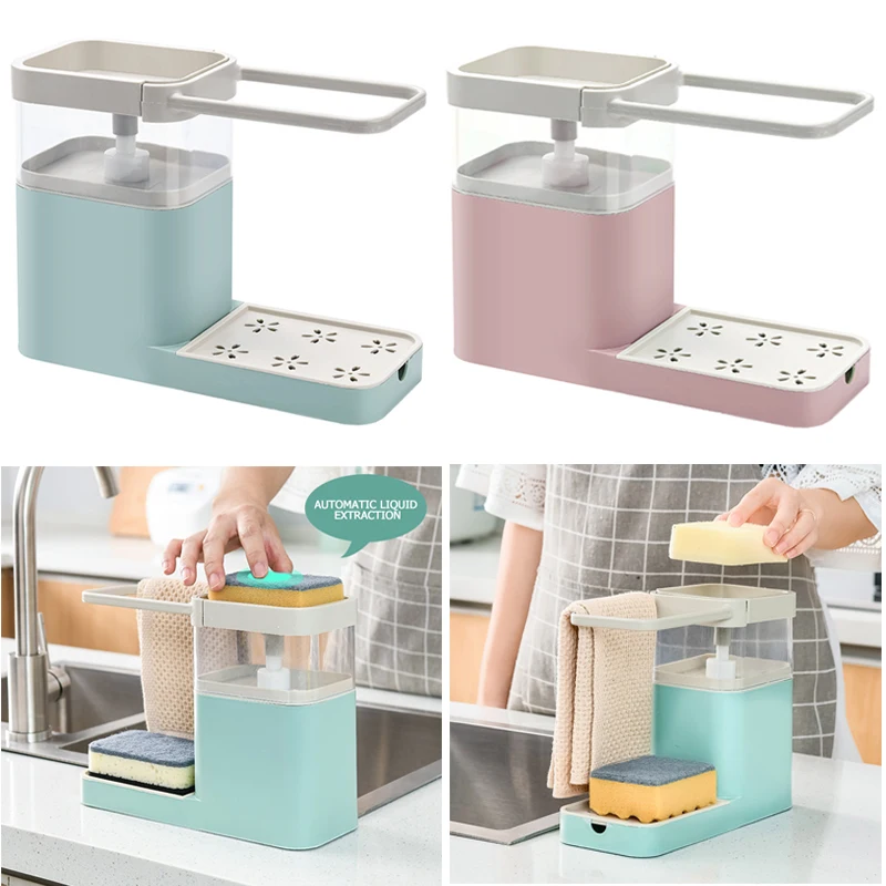 

3-In-1 Soap Dispenser Soap pump Kitchen Manual Press Liquid Soap Drip Plate Dishcloth Towel Towel Sponge Rack Cleaning Tools