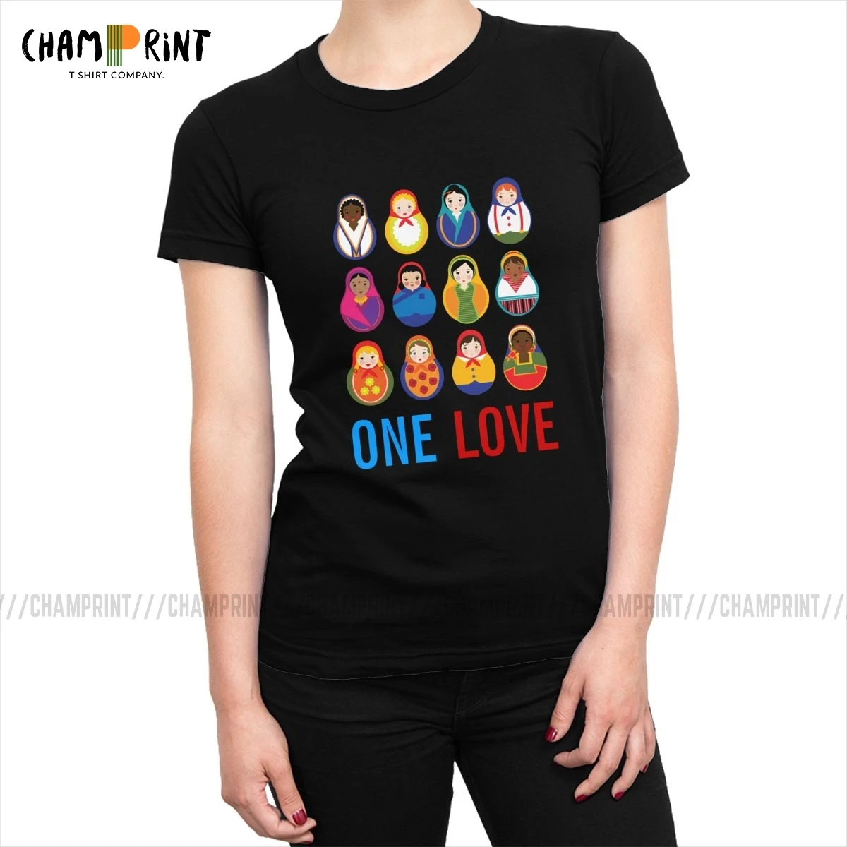 Женские футболки с множеством видов кукол-гнезд надписью One Love World Peace Русская