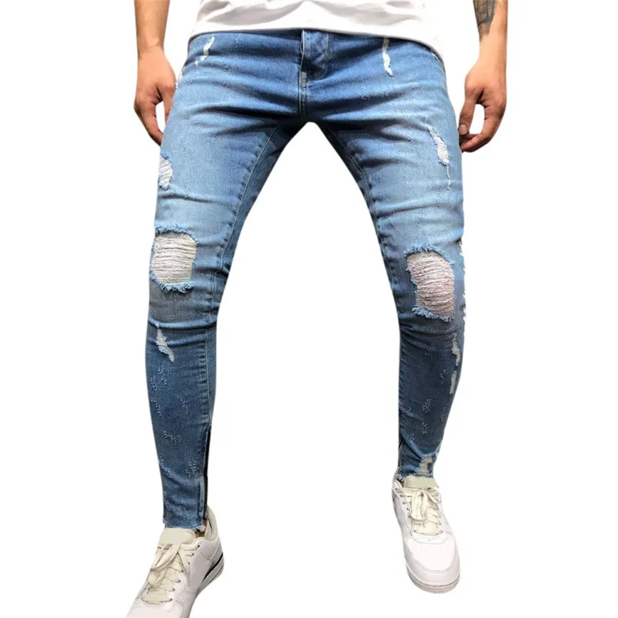 Light Blue Мужские модные повседневные Прямые джинсы с дырками, потертые джинсы, рваные джинсы для мужчин, рваные джинсы для мужчин, стрейч, большие размеры - Цвет: Light Blue