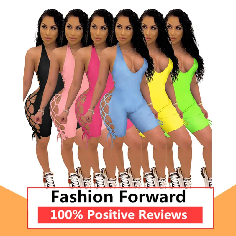 

Womens Fashion Casual Solid Color Halter Backless Side Bandage Sexy Romper