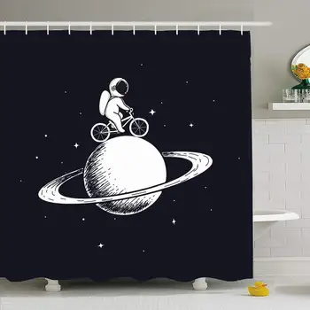 

Shower Curtain Set with Hooks 72x78 Cute Character Astronaut Personage Galactic Rides On Scientific Bicycle Funny Saturnprints