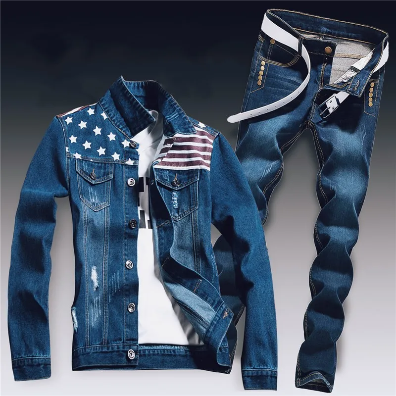 Hole Ripped Slim Fit Jacket Jeans Sets 
