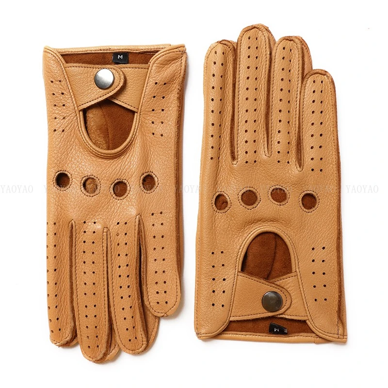 Deerskin Gloves Men Fashion 100 percent Genuine Leather Soft Mittens Male Black/Yellow Punch