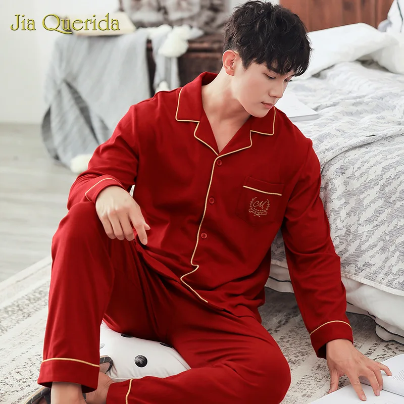 Осенняя Пижама 100% хлопок красный мужской комплект домашней одежды зимняя