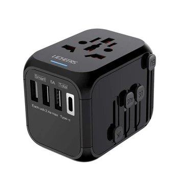 

licheers Universal Travel Plug, International Power Plug 5A with Auto-Reset Fuse, 3 USB and 1 Type C Port Wall Charger AC Power
