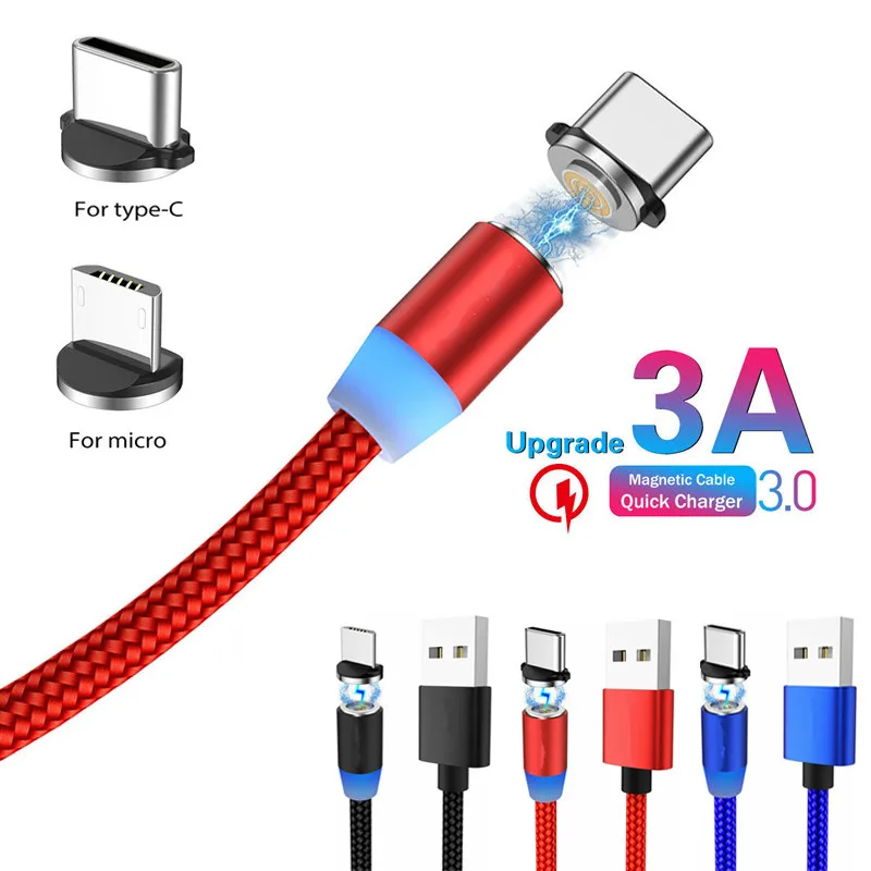 3A Micro USB C Android type C светодиодный магнитный кабель для быстрой зарядки для samsung S8 S9 S10 Plus LG Android iPhone X XR 8 7 сотовых телефонов