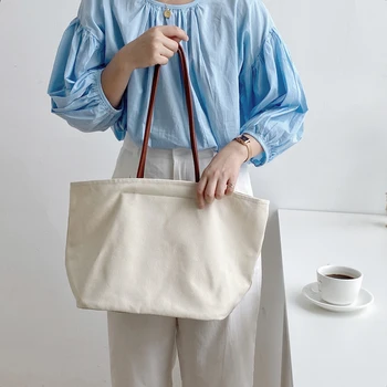 

Women Shoulder Bag Commuter Bag Canvas Cotton PU Leather Handbag Large Capacity Casual Bag Summer Travel Bag 2020 New Whole Sale