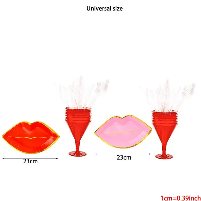 Переносная бумага красные губы вечерние принадлежности одноразовые столовые приборы набор бумажные тарелки, чашки-служит 8