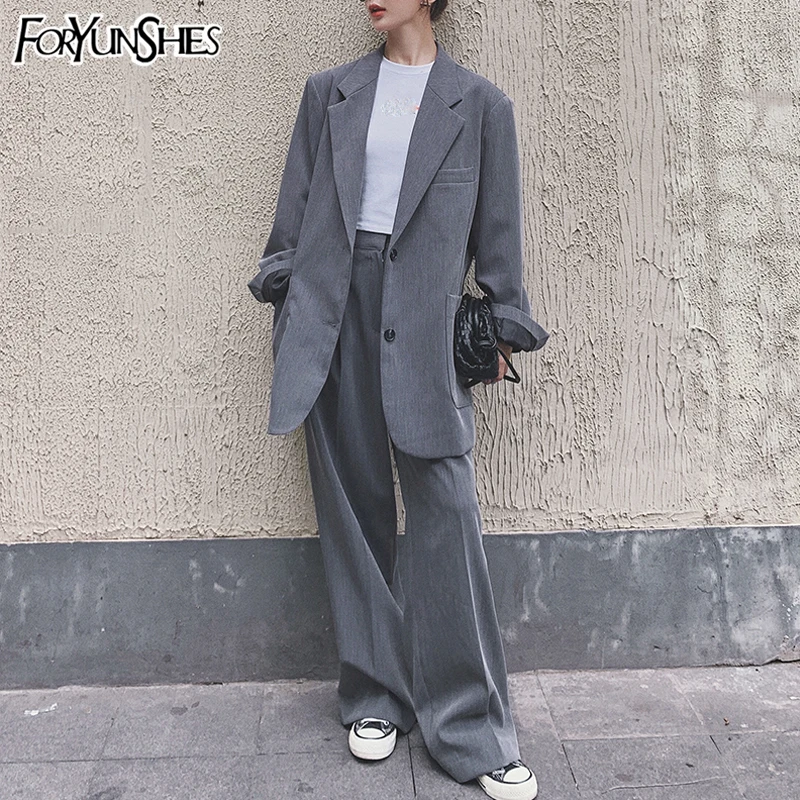 

FORYUNSHES 2 Piece Set Women Outfits 2020 Korean Casual Single Breasted Long Sleeve Blazer Coat + High Waist Wide Leg Pant Suits