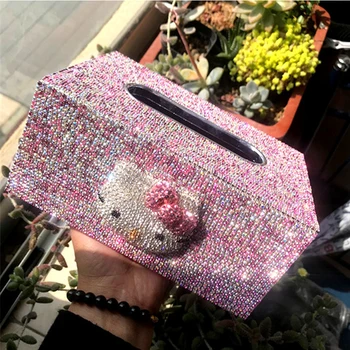 

Car Tissue Box Bling Kitty Cat Napkin Holder Handmade Rhinestone Car Home Kitchen Boxes for Decoration Hellooo Kitty Container