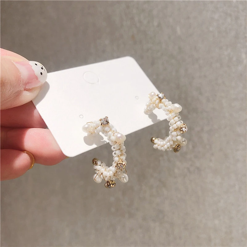 Серьги кольца женские с искусственным жемчугом модные элегантные ювелирные