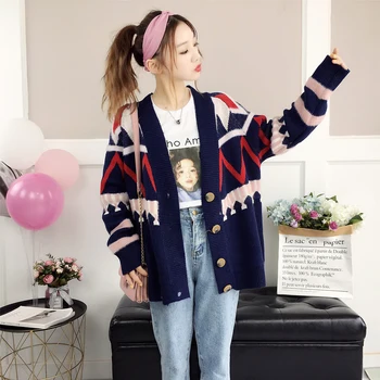 

2019 Autumn Winter Artistic Retro Loose Knitting Cardigan Sweater Women Long Sleeve Single Breasted Jersey Coats Preppy Style