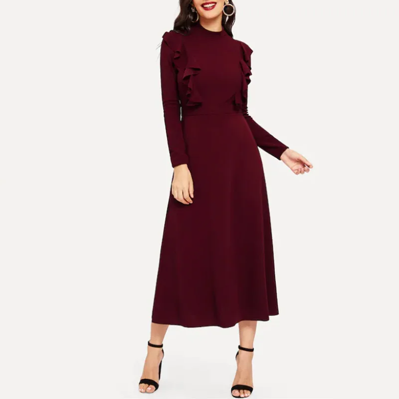 

Long O Neck Pure Color Sexy Bohemian Beach Dresses Comfortable Maxi Runway Dress Long Sleeve Spring Vestido