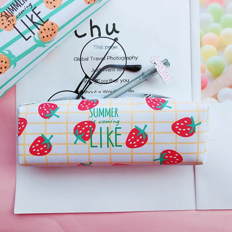 Canvas Pencil Case for School Cute Fruit Big Capacity Pencilcase Pen Bag Box Students Pencils Writing Stationery Pouch