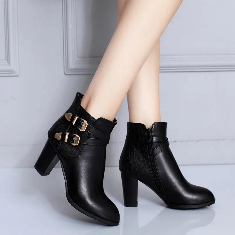 

2018 Autumn Black Brown Cross Buckle Strap Block High Heels Ankle Boot Women Plus Size Shoes Motorcycle Ridding Boots