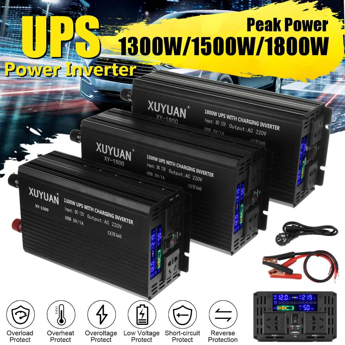 

Car Inverter 12V 220V 1300/1500/1800W P eak UPS Voltage transformer Sine Wave LCD Display 12V to 220V Solar Power Inverter