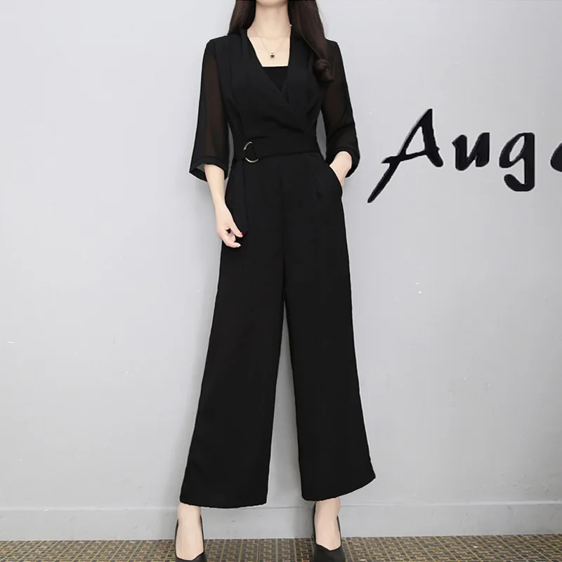 Комбинезон размера плюс, рукав три четверти, пояс, высокая талия, комбинезоны, черные элегантные комбинезоны для женщин OS018 - Цвет: 1