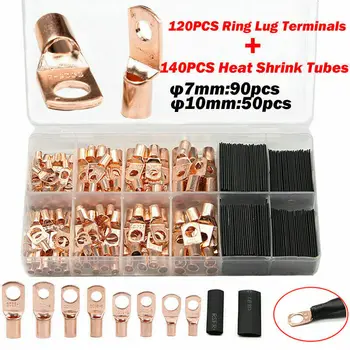 

260pcs Copper Cable Crimps Terminal Wire Connectors Heat Shrink Tubes Kit Tubing
