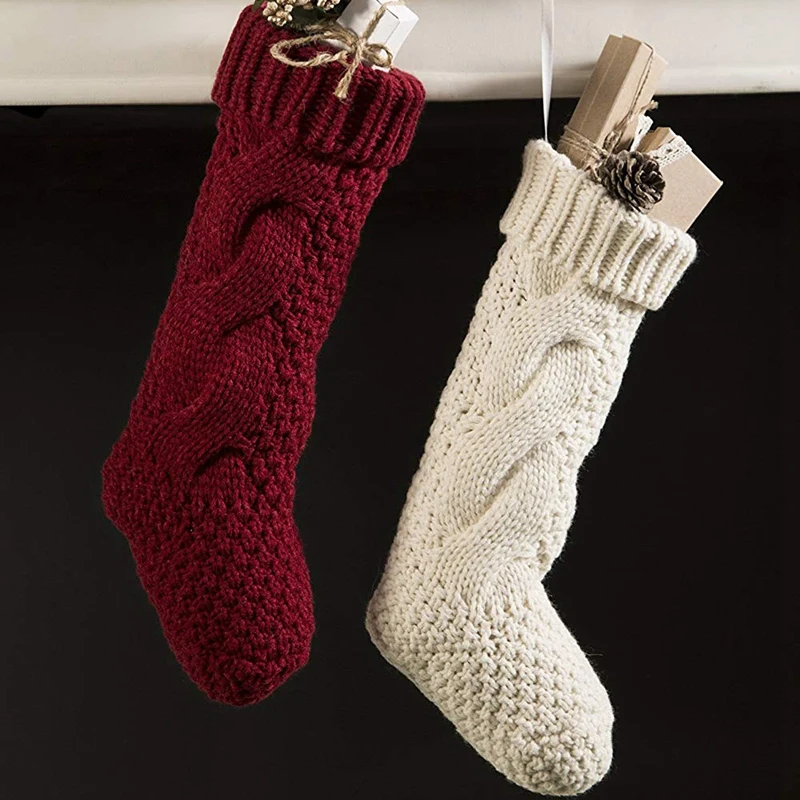 

NEW Woolen Hand Knitting Christmas Socks Christmas Gift Bag Candy Bag Decorative Socks Red and White 4 Pack