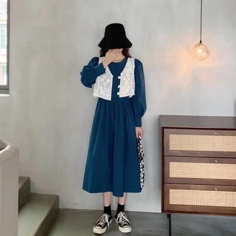 

Autumn New Korean Loose Retro Dress Women's Design Long A- line Dress Woman Vestido De Mujer Femme Robe