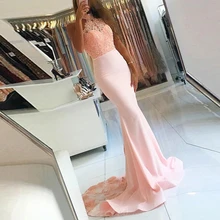 Длинное платье русалки с лямкой на шее, сексуальное розовое вечернее платье, вечерние платья, элегантное платье с поясом