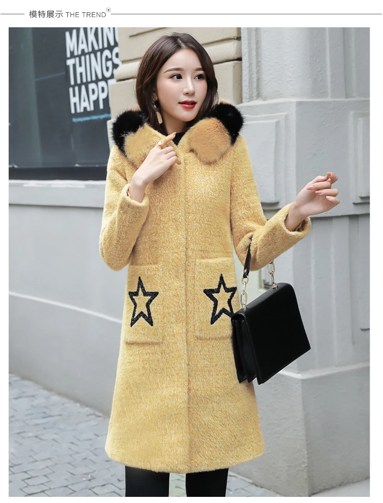 HANZANGL женское меховое пальто зимнее женское длинное пальто с капюшоном Женская Длинная зимняя куртка с воротником из лисьего меха большой размер бежевый, желтый