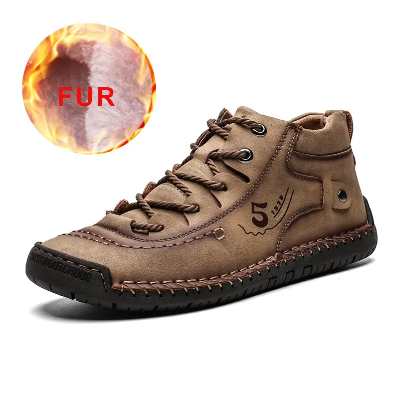 khaqi fur warm Брендовая Зимняя мужская обувь; кожаные теплые зимние ботинки; удобная обувь на шнуровке с мехом и плюшем; модные зимние уличные кроссовки; большой размер 48 - Цвет: khaqi fur warm