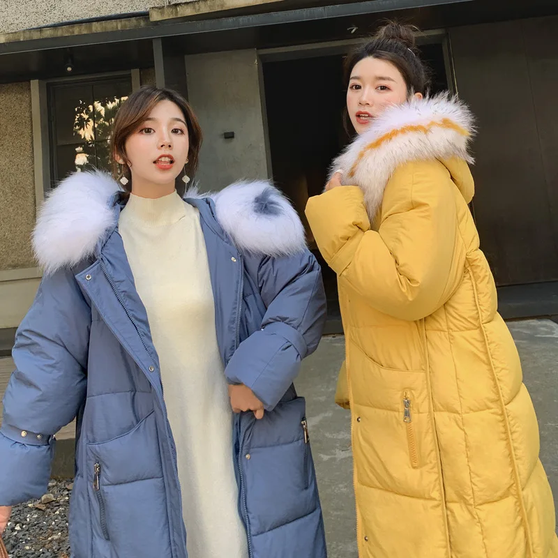 

Bai Qiao 2019 New Style Korean-style Casual down Jacket Cotton-padded Clothes over-the-Knee Long Large Fur Collar Loose-Fit Thic