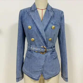 

2020 Autumn fashion metal Double breasted denim Blazer Women's Notched Collar Long Sleeve Slim Suit With Belt s42
