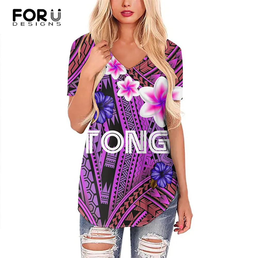 

FORUDESIGNS Plus Size Vintage T Shirts for Woman Tonga Polynesian Samoan Hawaii Hibiscus Style Ladies Loose Short Sleeve Tees