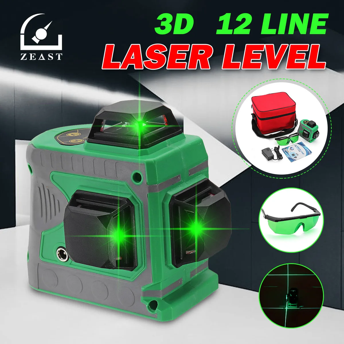 ZEAST 3D 12 Line Green Light Laser Level Auto Self Leveling 360° Rotary Measure Cross AC 100-240V Charger Waterproof IP54
