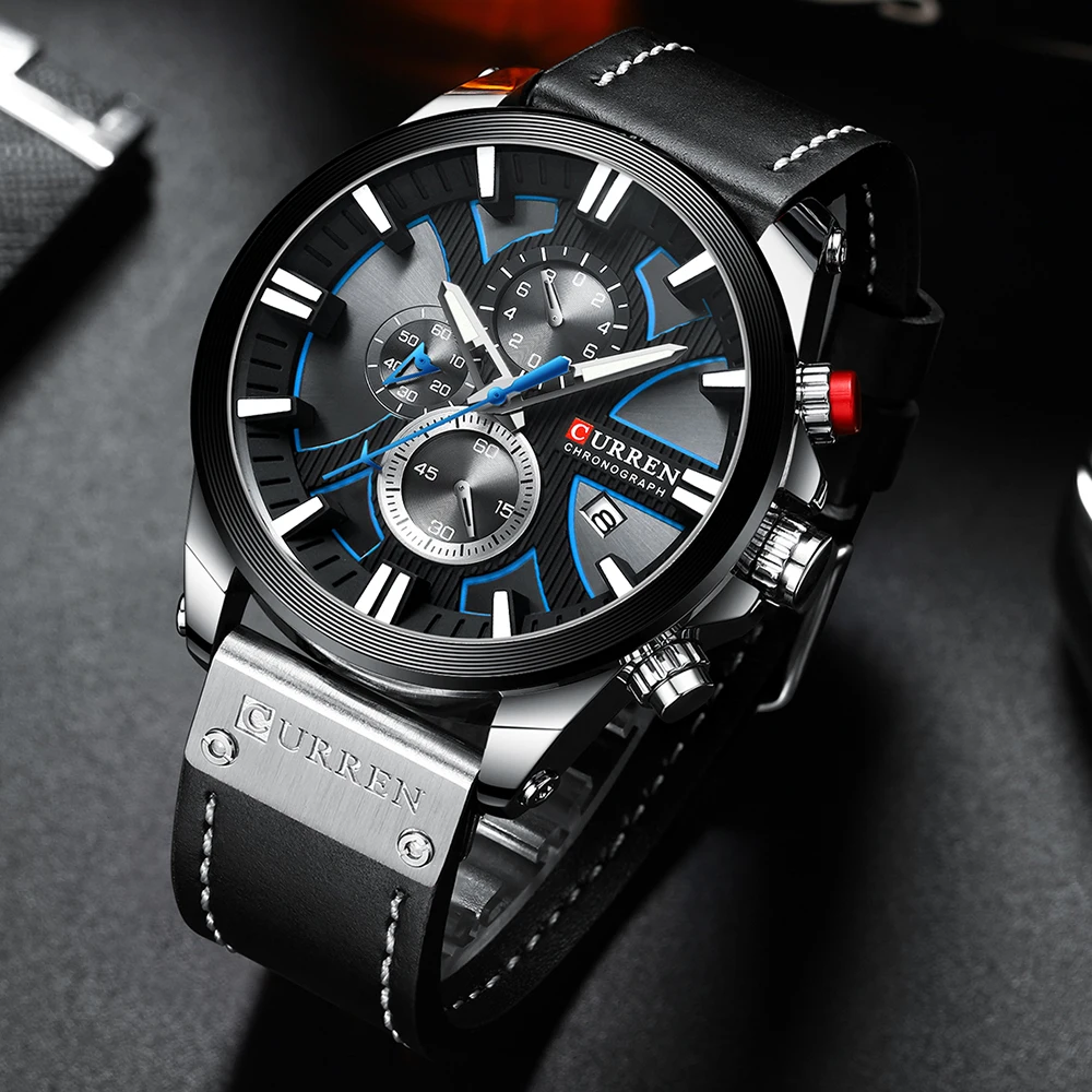 Роскошные мужские часы модные Хронограф Спортивные кварцевые часы CURREN кожаный ремешок часы с датой Reloj Hombre светящиеся руки
