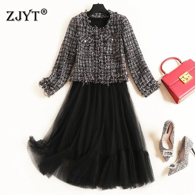 

Brand Fashion New Autumn Dresses for Women Runway Designer Long Sleeve Tweed Woolen Jackets and Tulle Dress 2piece Vestidos XXL