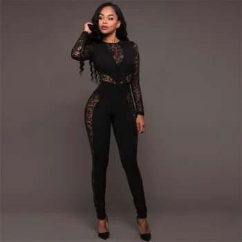 

2020 Women's Lace Clubwear Party Bodycon Jumpsuit One Piece Outfits Pachwork Backless See Through Sexy Female Rompers