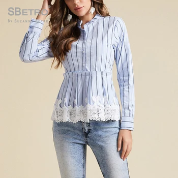 

SBetro Autumn and winter fashion new Button Front Contrast Lace Hem Striped Peplum Blouse