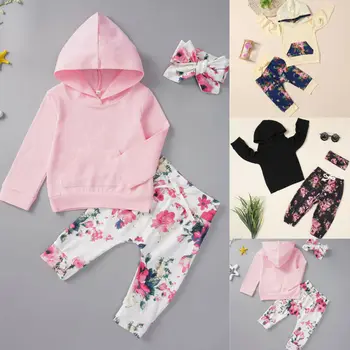 

Newborn Baby Girl Autumn Clothes Long Sleeve Hooded Tops Print Long Pants Headband Set Outfits Clothing