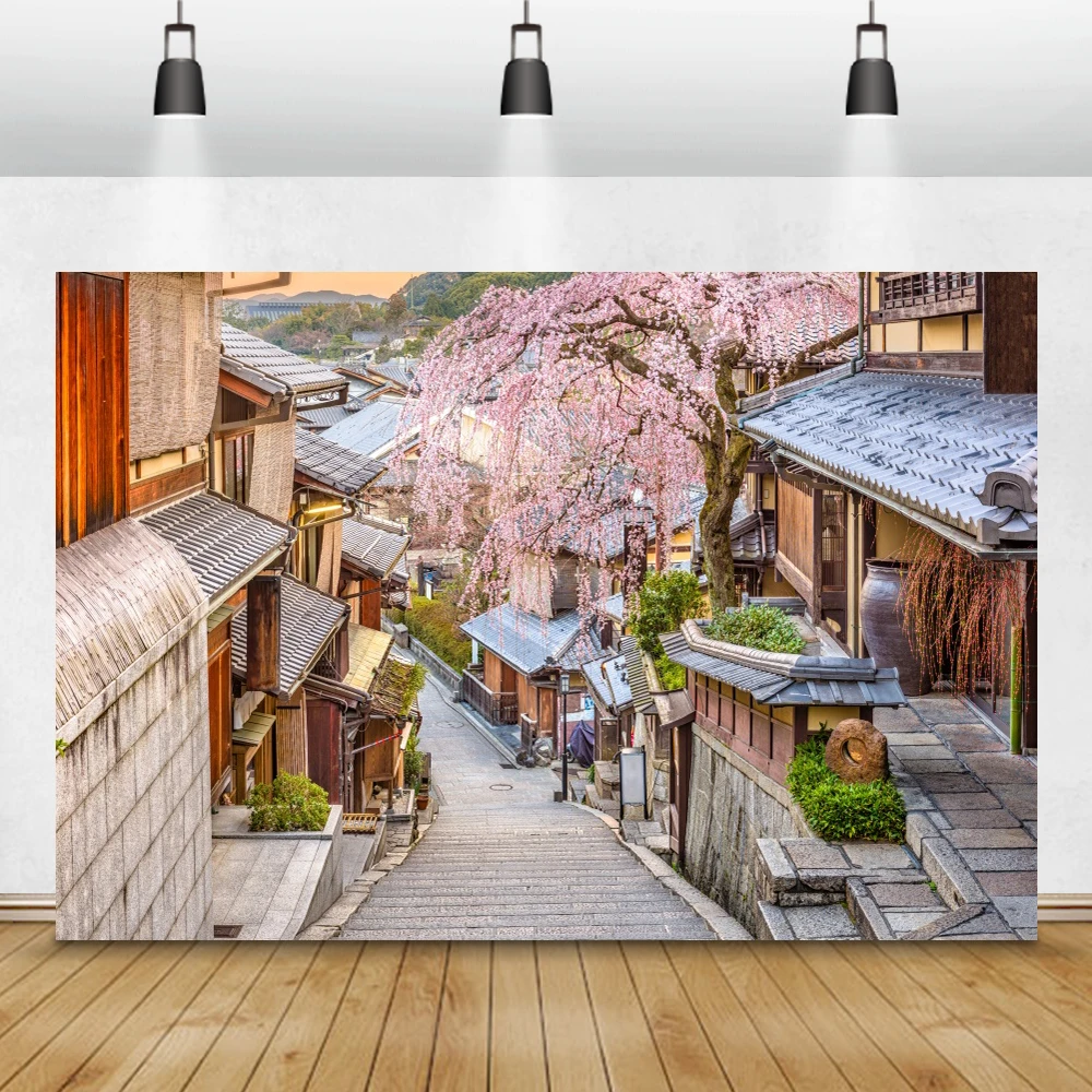 Laeacco 일본 거리 벚꽃 풍경 눈 산 사진 배경 사진 스튜디오 사진 배경