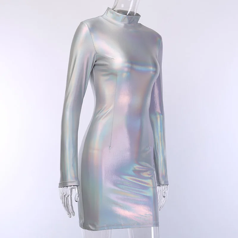 Женское платье с высоким воротом, лазерное светоотражающее облегающее платье с длинным рукавом, облегающие Серебристые вечерние мини-платья для клуба