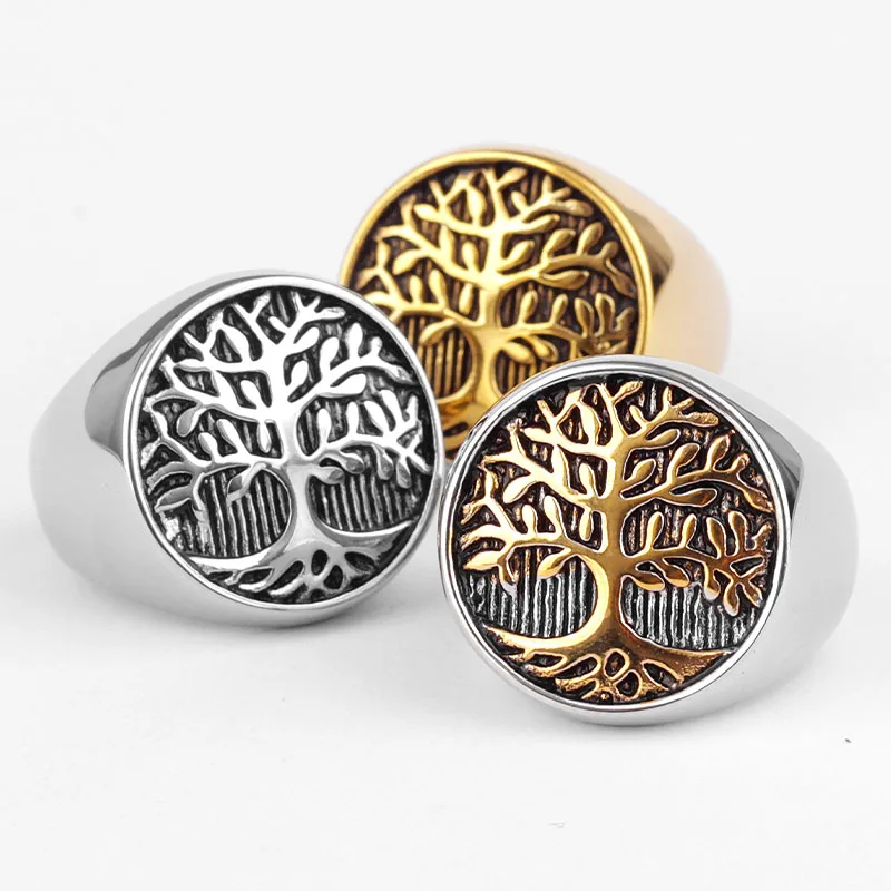 Stainless Steel Mens Ring Tree of Life Amulet Simple Elegant Charm for Male