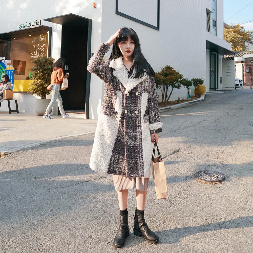 

Photo Shoot Retro Lambs Wool Joint Woolen Jacket 2019 Winter New Style WOMEN'S Dress Large Lapel Tartan Overcoat