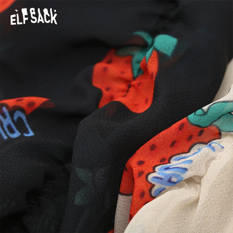 ELFSACK US & DE FBA Local Deliery Black Strawberry Print 2020 Autumn Sweet Frill Sleeve Ladies Basic Fake Two Pieces Dresses