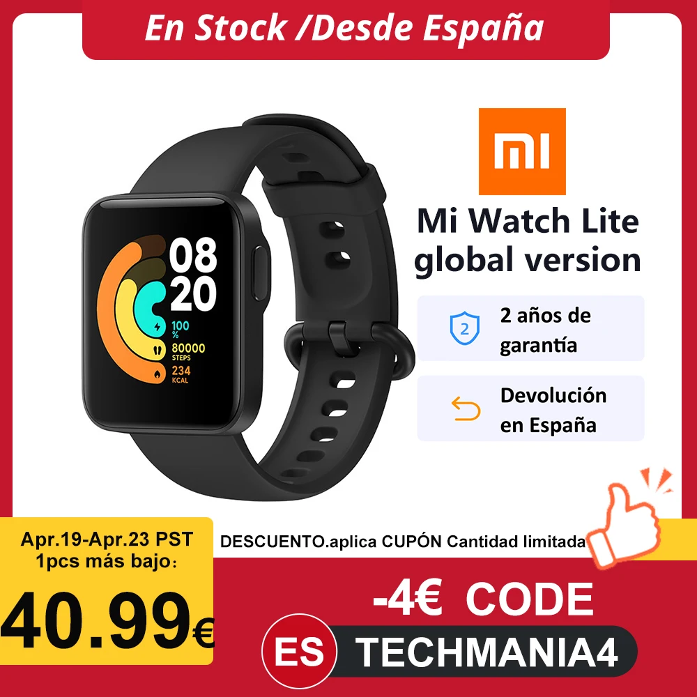 Xiaomi-reloj inteligente Mi Watch Lite, con GPS, GLONASS, pantalla de 1,4 , Bluetooth, Monitor de ritmo cardíaco y sueño, resistente al agua hasta 5atm