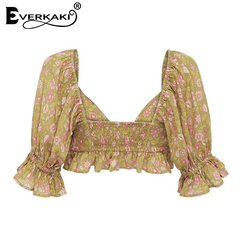 Everkaki Boho печати лук короткая блузка Топы женские спинки Короткие рукава с оборками эластичный Топ Блузки женские Лето Осень новинка
