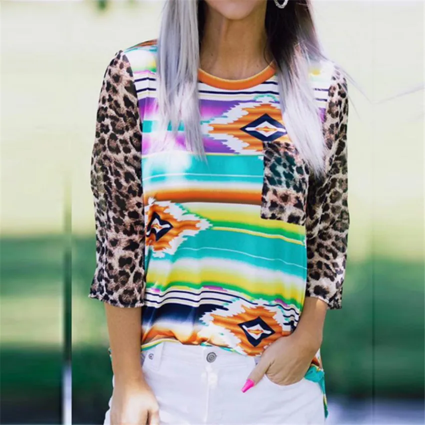 

Leopard T Shirt Women Three Quarter Top Multicolor T-shirt Autumn Tops Tee Women Fashion Geometric Printed tshirt Lady Top