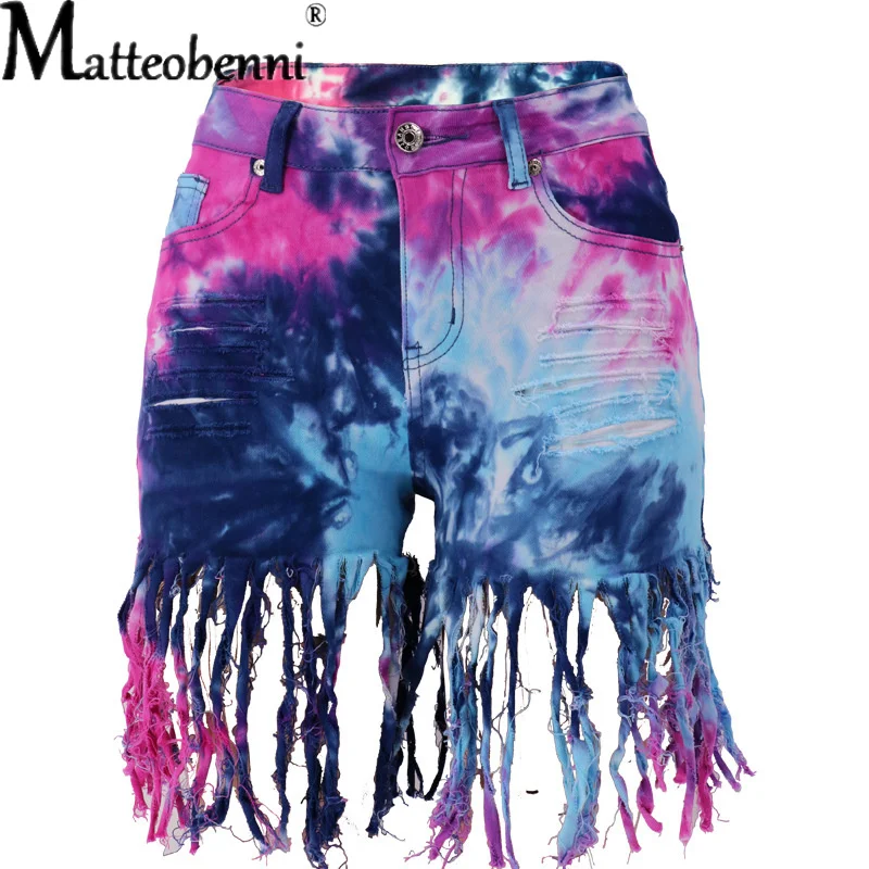 Women Shorts Pants Casual Ripped Tie Dye Print High Waist Shorts Jeans Female Club Party Shorts Denim Outfit Streetwear Trousers