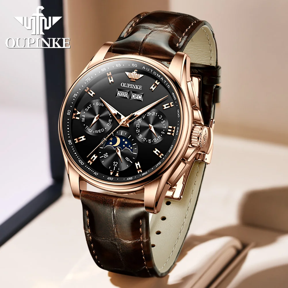 Umeki presentación educación Reloj de vestir automático de lujo para hombre, con correa de cuero, 40mm,  multicalendario, manecillas luminosas, 50M, impermeable, fase lunar, zafiro  Cry - AliExpress