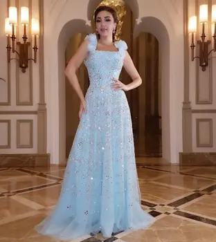 

Sky Blue Sequin Bling Evening Dress Lace Up Back Dubai Arabic Saudi Arabian Vestidos De Festa Girl Prom Custom