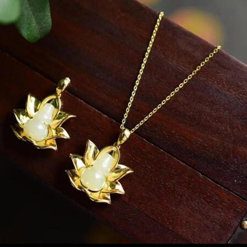 S925 Silver Chinese Hand-carved Hetian Jade Gourd Pendant Necklace Lucky Fine Jewelry gift
