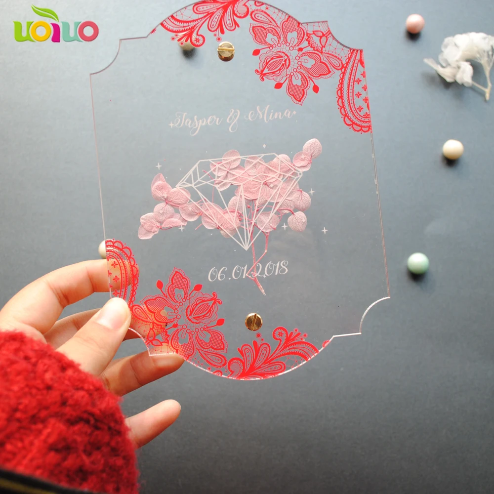 

10pcs newest 2layers elegant transparent acrylic wedding free invitation card maker with flowers custom
